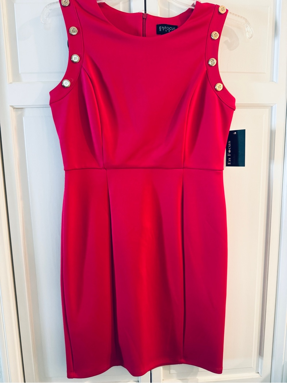 Enfocus Studio Hot Pink Sleeveless Sheath Dress with Gold Buttons NWT